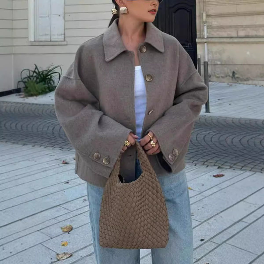 Damen Modische Oversized-Wolljacke mit Knopfdetails und weitem Schnitt WW