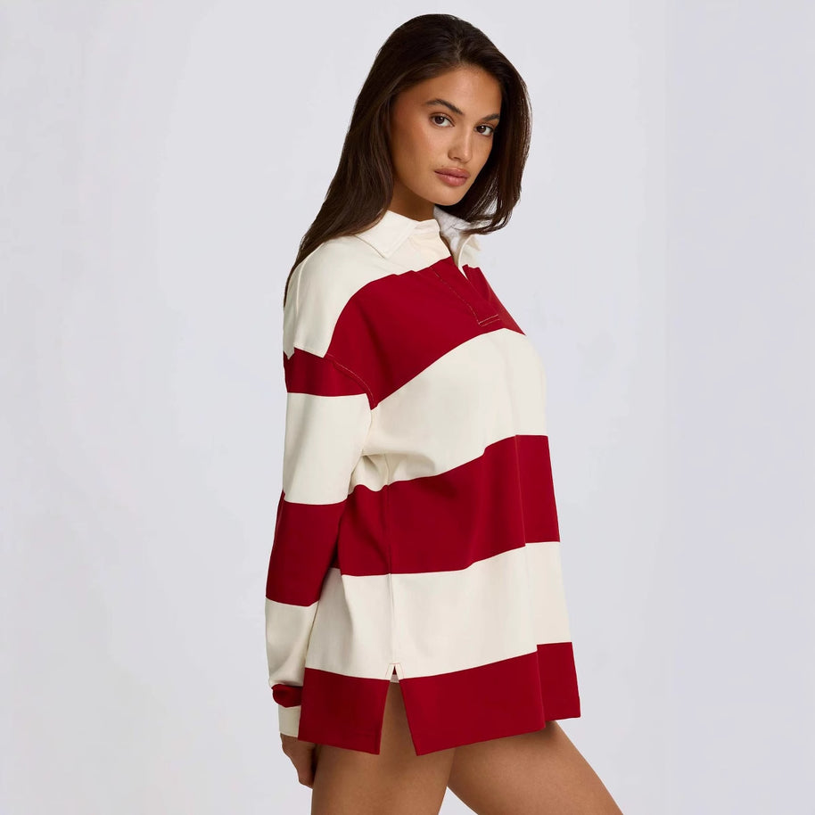 Damen sportlicher Poloshirt mit lässigem Schnitt und gestreiftem Design WW