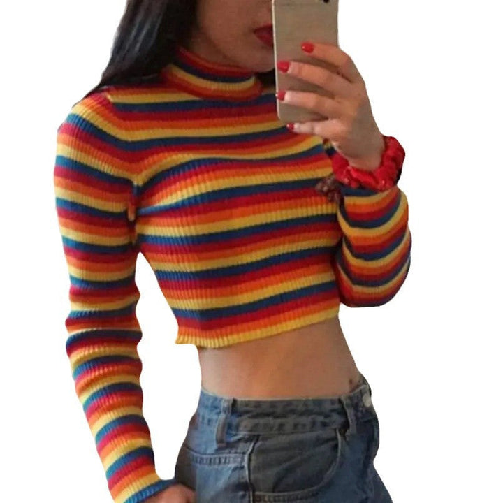 Damen Stylishes Crop-Top mit Rollkragen und buntem Streifenmuster W&W Mode