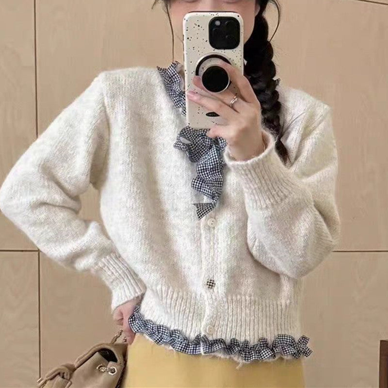 Damen Strickjacke mit Rüschen und eleganter Schleife WW