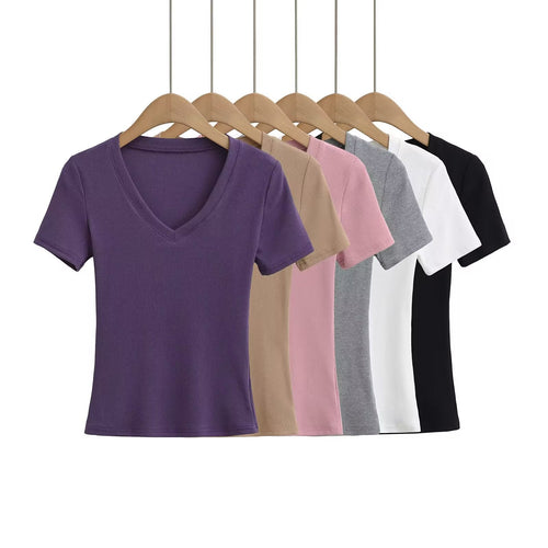 Damen V-Ausschnitt T-Shirt aus hochwertiger Baumwolle mit bequemer Passform W&W Mode