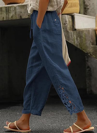 Damen lockere Leinenhose mit dekorativer Stickerei WW