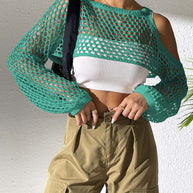 Damen lässiger Netzpullover mit offenen Schultern und weitem Schnitt WW