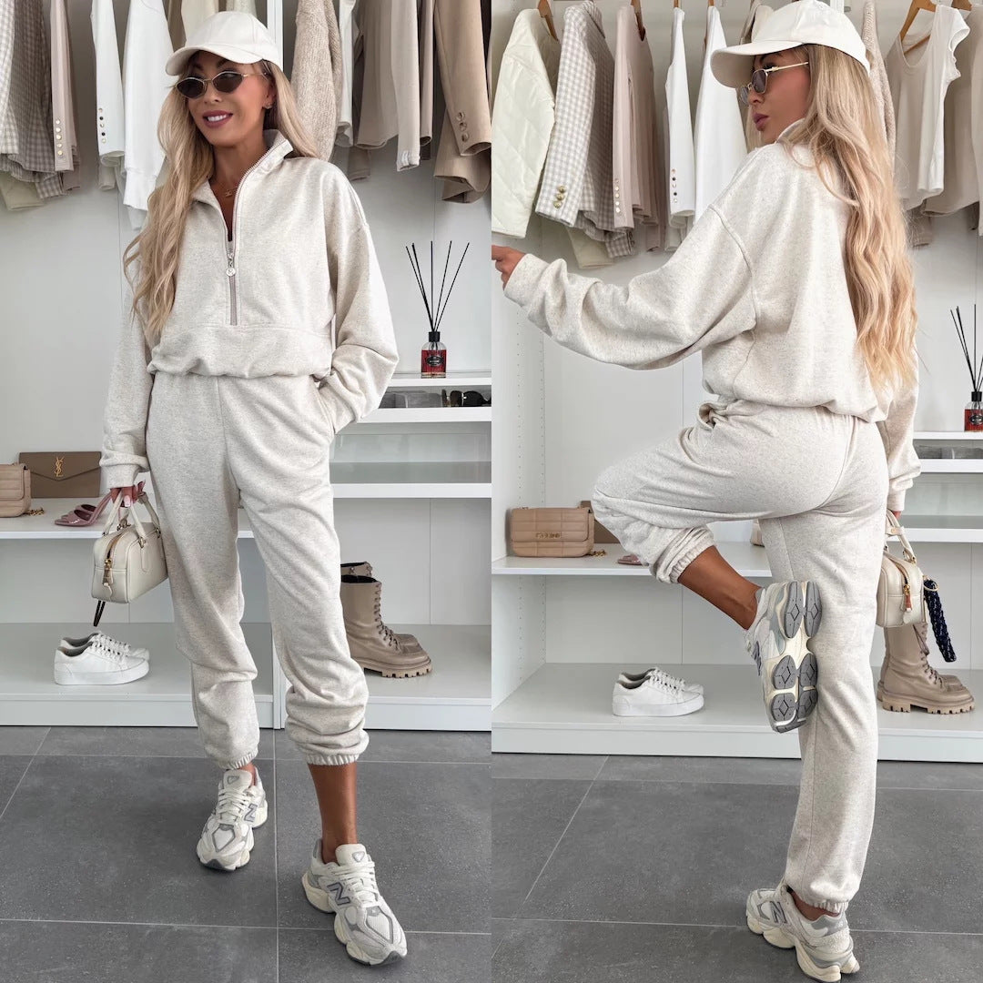 Damen sportliches Fleece-Set mit halbem Reißverschluss und elastischem Bund WW