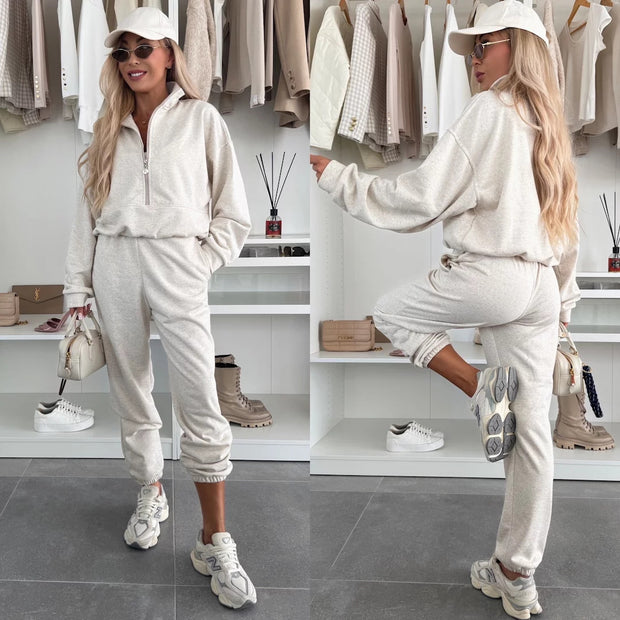 Damen sportliches Fleece-Set mit halbem Reißverschluss und elastischem Bund WW