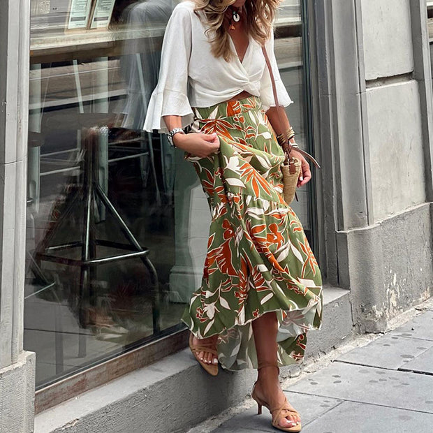 Damen Fließender Maxi-Rock mit floralem Design und asymmetrischem Saum WW