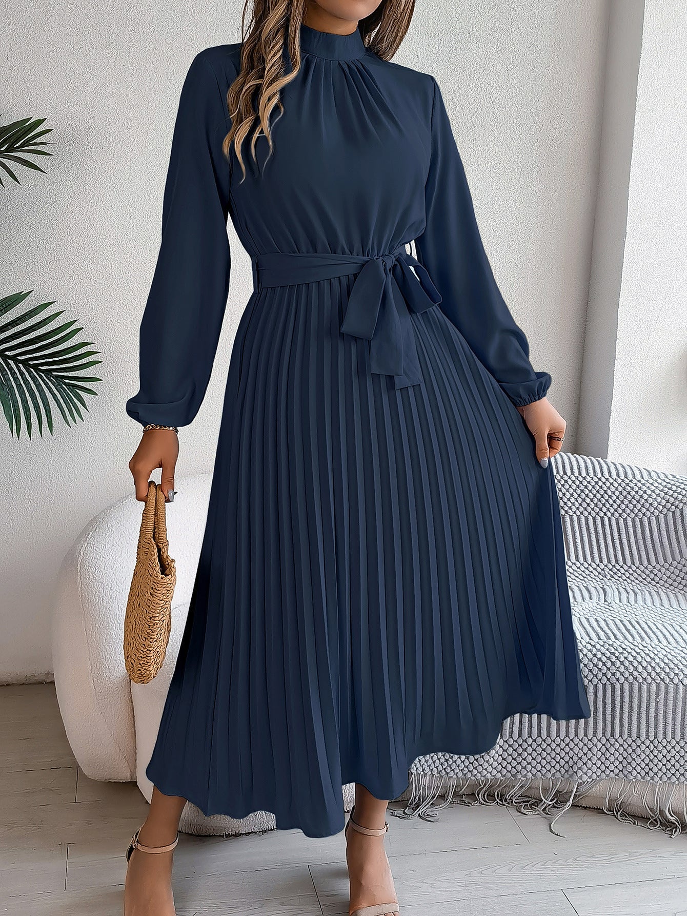 WW | Elegante Stehkragen Taillierter Plissierter Langer Rock kleines Kleid