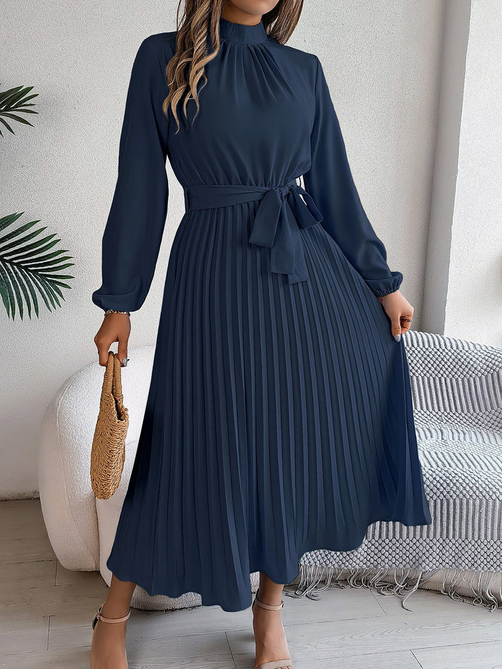 W&W Mode | Elegante Stehkragen Taillierter Plissierter Langer Rock kleines Kleid