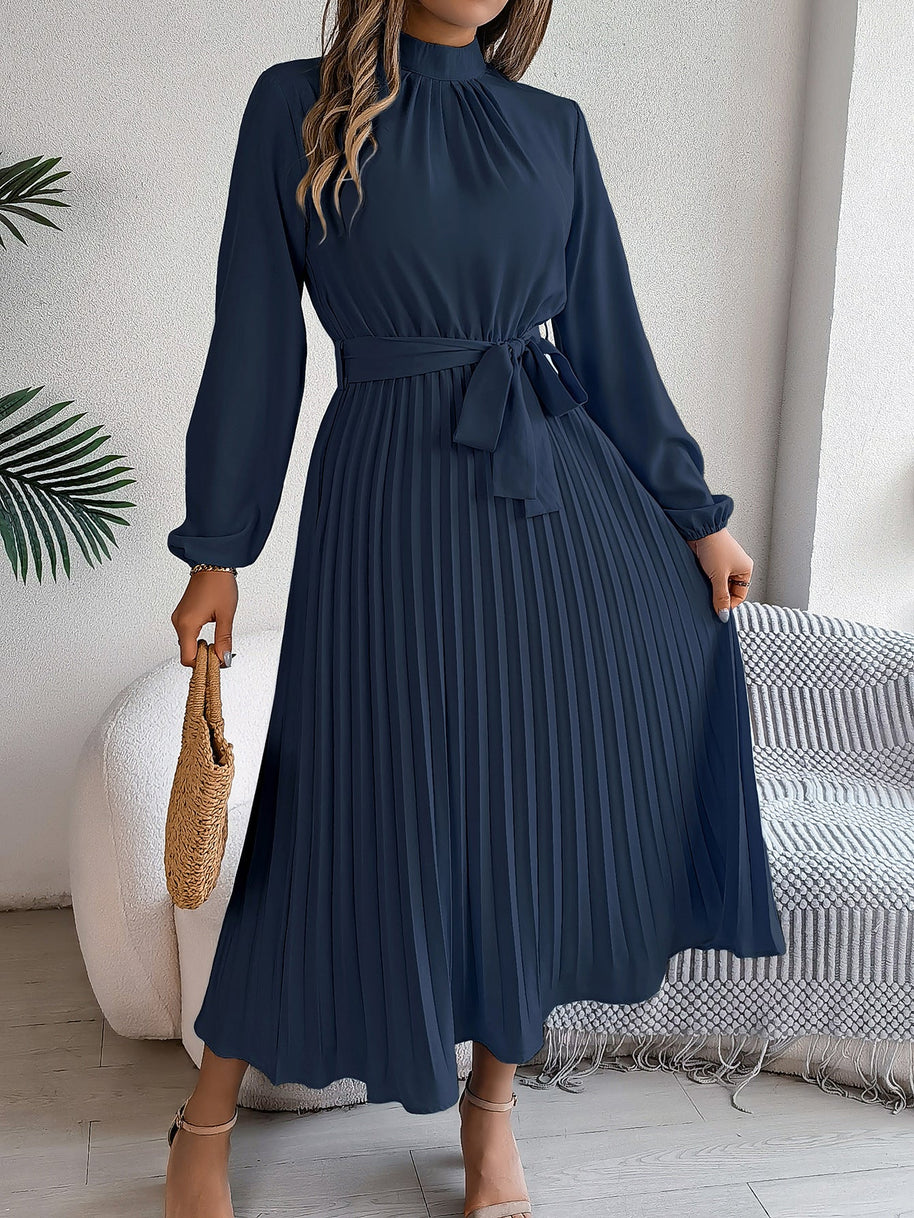WW | Elegante Stehkragen Taillierter Plissierter Langer Rock kleines Kleid