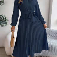 WW | Elegante Stehkragen Taillierter Plissierter Langer Rock kleines Kleid