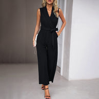 Damen eleganter Jumpsuit mit Wickeloptik und Taillengürtel WW