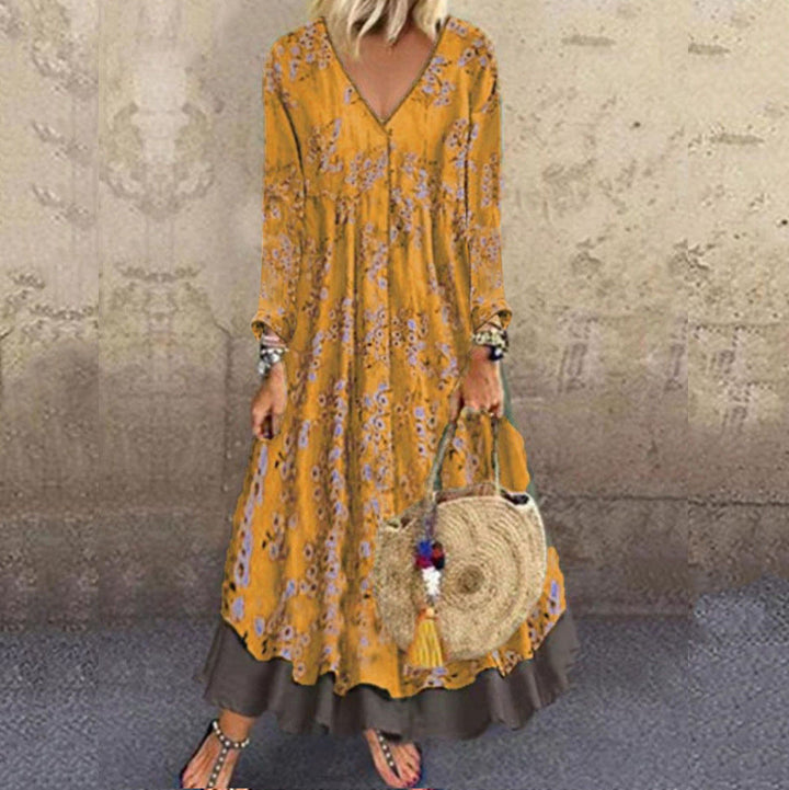 Damen blumiges Maxikleid mit weitem Schnitt und V-Ausschnitt W&W Mode