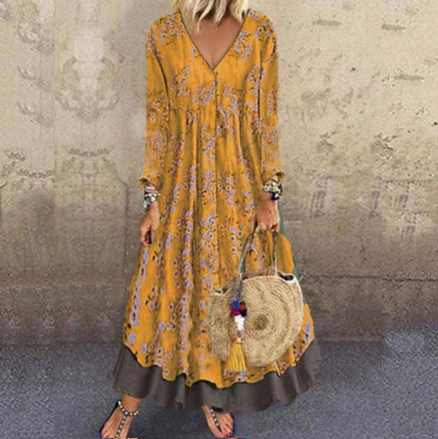 Damen blumiges Maxikleid mit weitem Schnitt und V-Ausschnitt WW