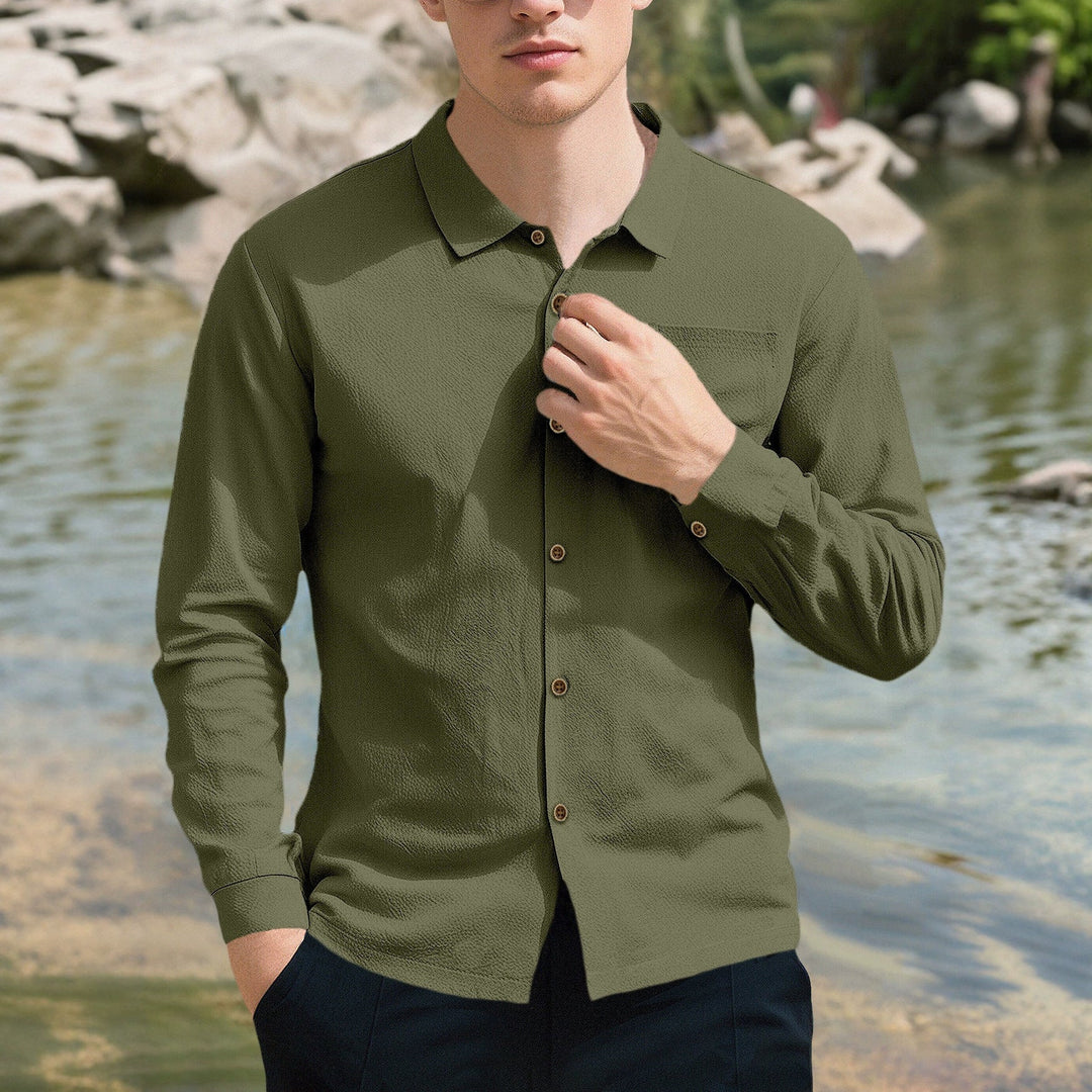 Herren nan lässiges Langarmhemd mit Kentkragen Brusttasche und Ärmelriegel W&W Mode