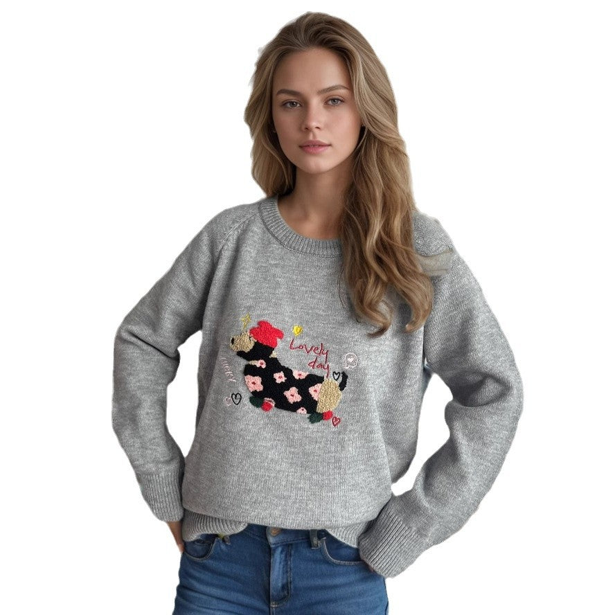 Damen Pullover mit tierischem Motiv und dekorativen Stickereien WW