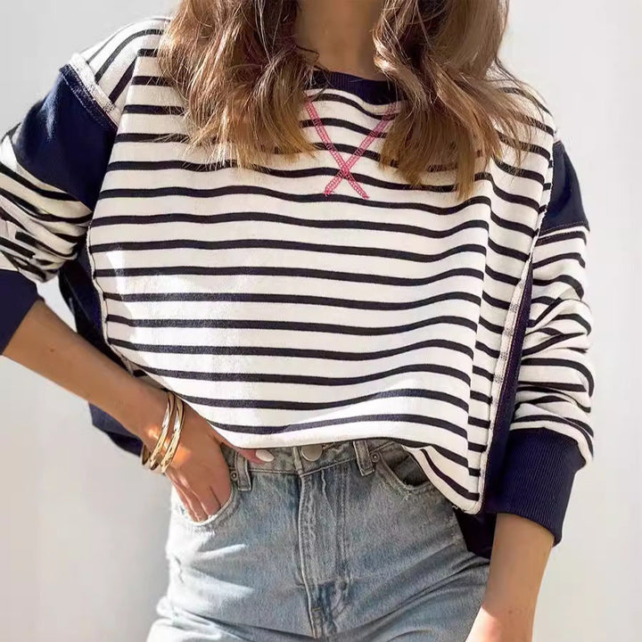 Damen gestreifter Sweatshirt mit übergroßem Schnitt W&W Mode