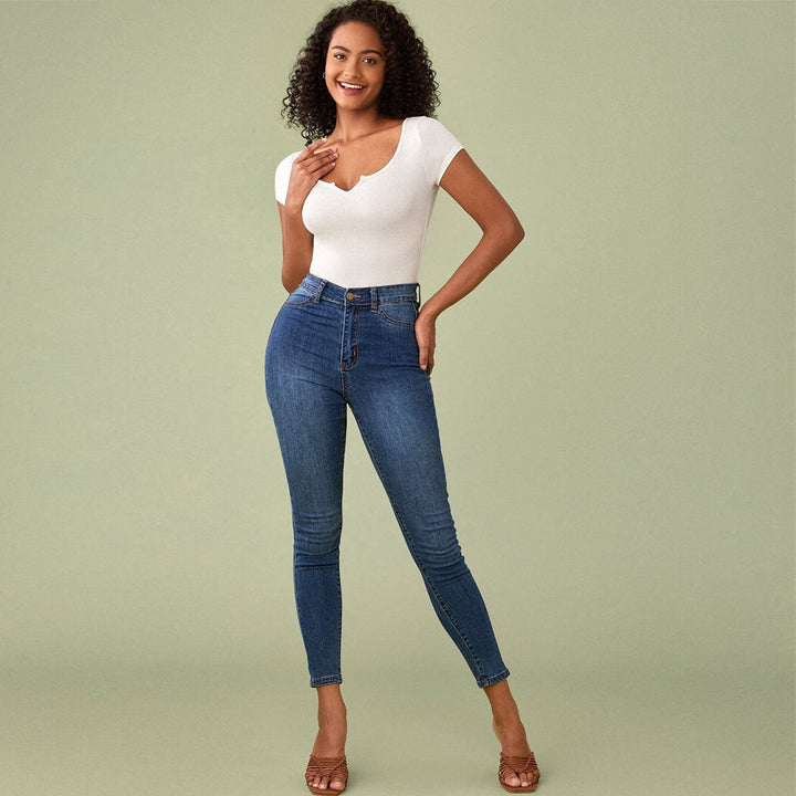 Damen figurbetontes Kurzarmbody mit V-Ausschnitt W&W Mode