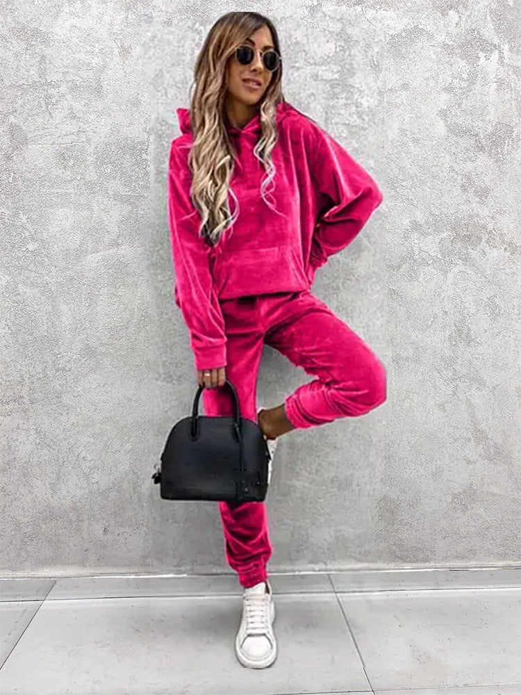 Damen sportliches Velours-Loungewear-Set mit Kapuze und elastischem Bund WW