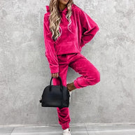 Damen sportliches Velours-Loungewear-Set mit Kapuze und elastischem Bund WW