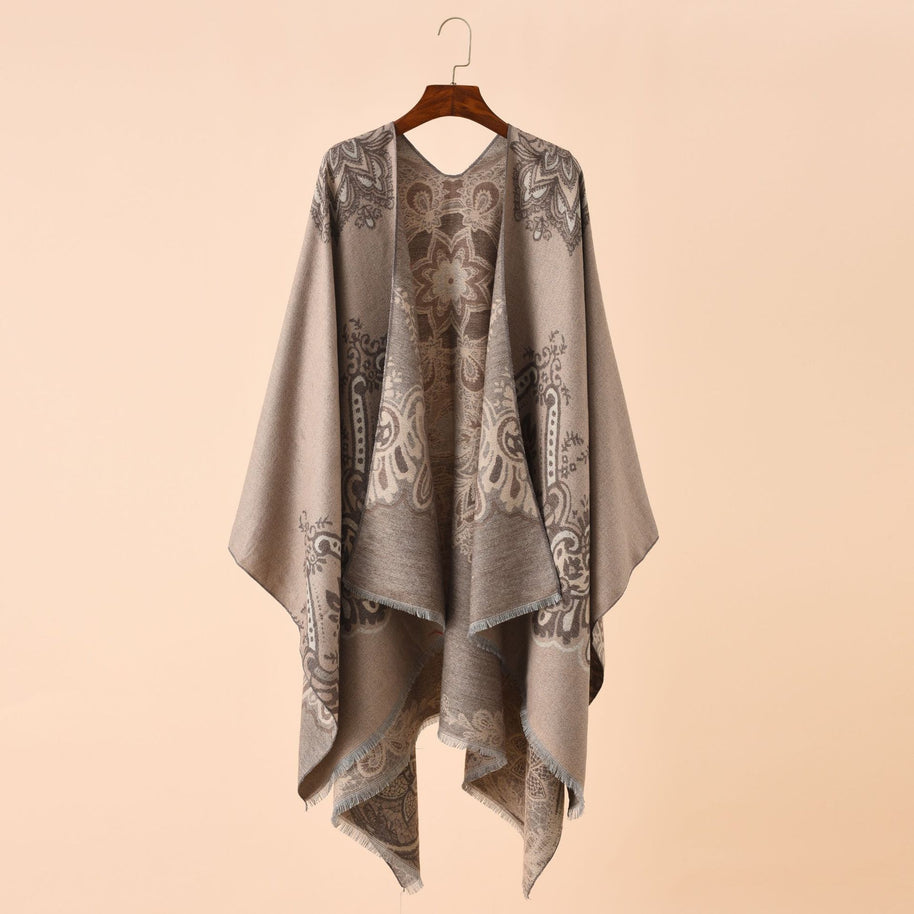 Damen Eleganter Kimono-Poncho mit kunstvollem Muster und fransigen Kanten WW