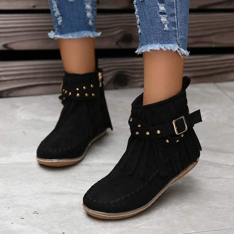 WW | Boho Stiefelette Mit Fransen Und Schnallen Für Damen