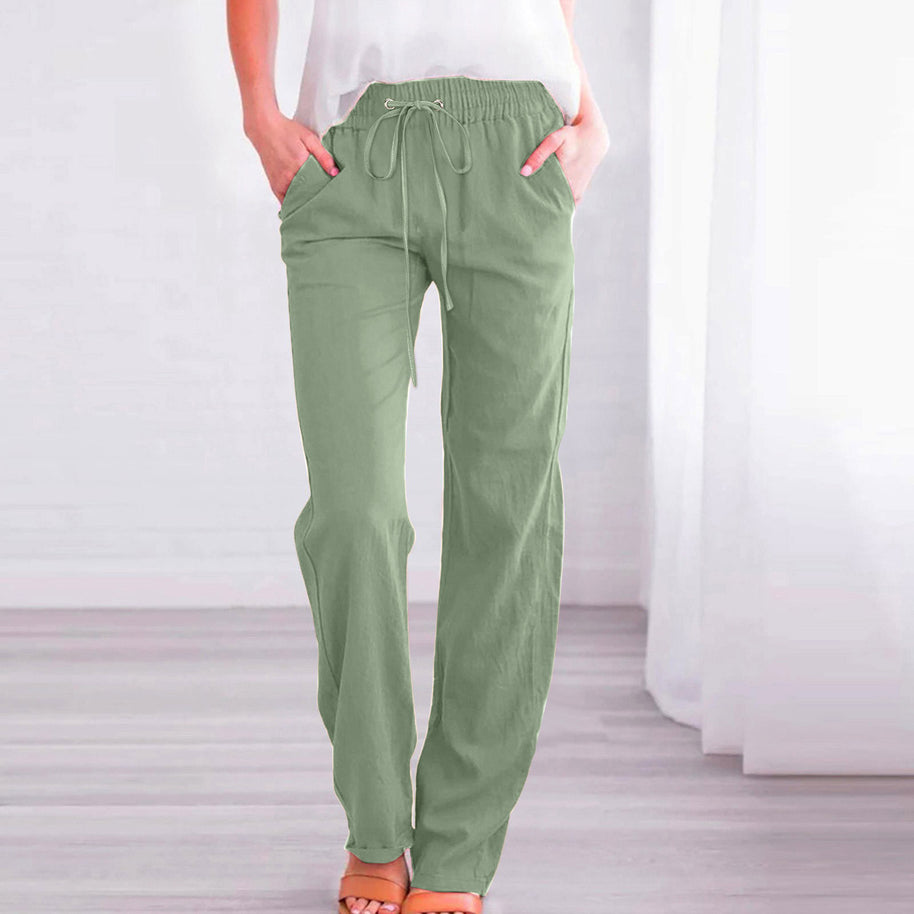 Damen Bequeme Leinen-Hose mit elastischem Bund und Taschen WW