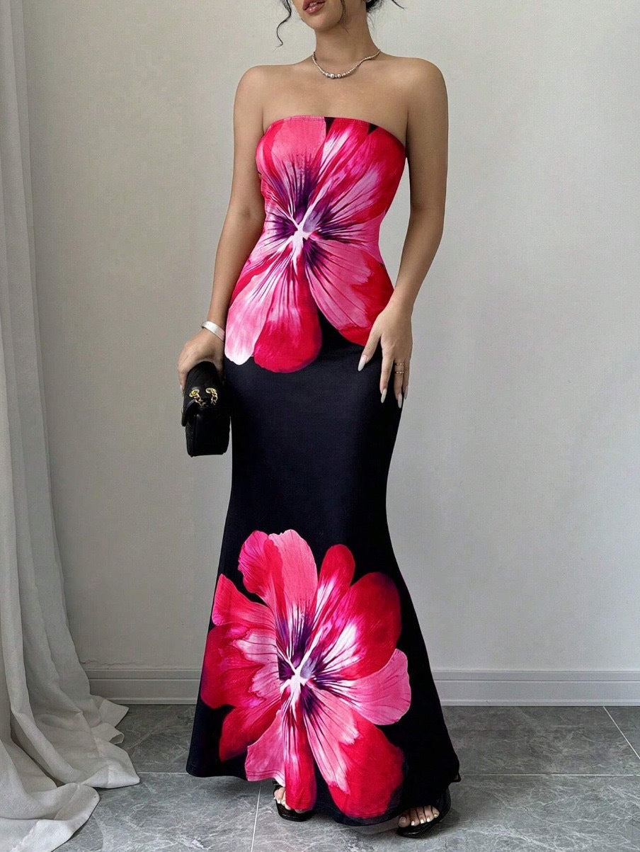 Damen Strapless Maxikleid mit floralen Akzenten und elegantem Slim-Fit WW