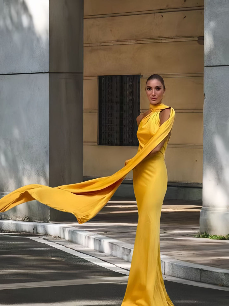 Damen Abendkleid mit asymmetrischem Schnitt und elegantem Stehkragen WW