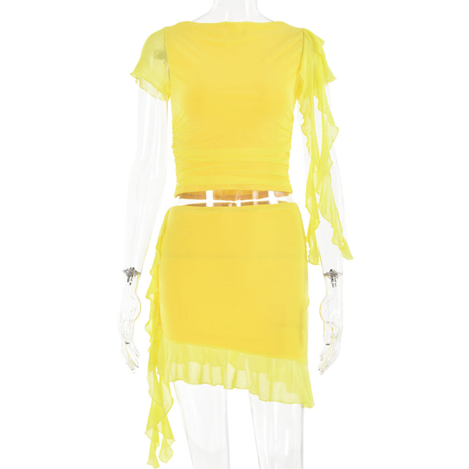 Damen Crop-Top und Minirock mit asymmetrischem Saum und Rüschendetails W&W