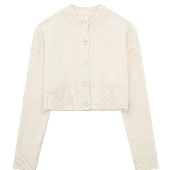 Damen kurze Strickjacke mit Knopfleiste und elegantem Rundhalsausschnitt WW