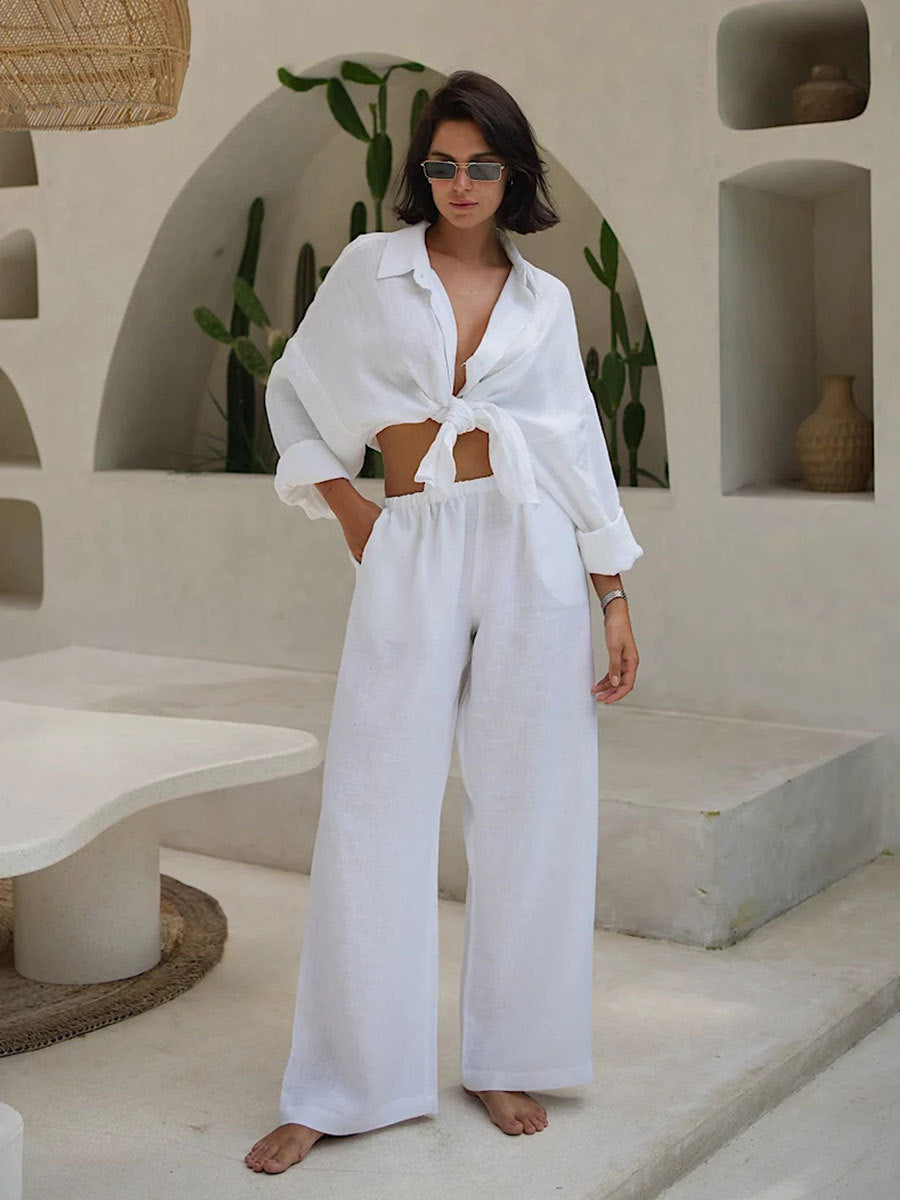 Damen Bequemes Leinen-Loungewear-Ensemble mit weiten Ärmeln und fließender Hose WW