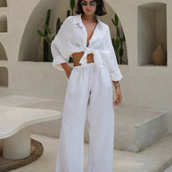 Damen Bequemes Leinen-Loungewear-Ensemble mit weiten Ärmeln und fließender Hose WW