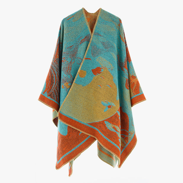 Damen Designer Poncho mit modernem floralen Muster und luxuriöser Strickstruktur WW
