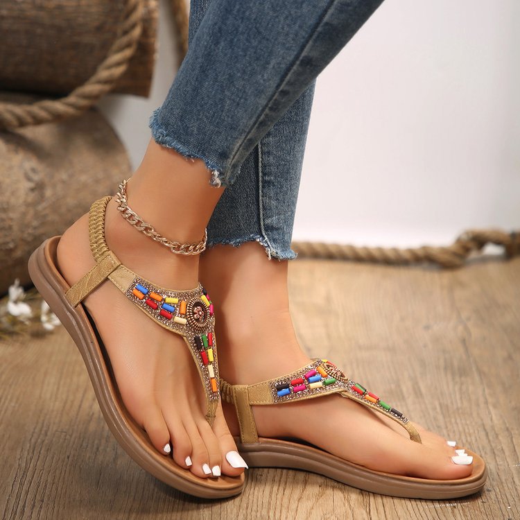 Damen Zehentrenner-Sandalen mit buntem Schmuckdetail und bequemer Fußbettgestaltung W&W Mode