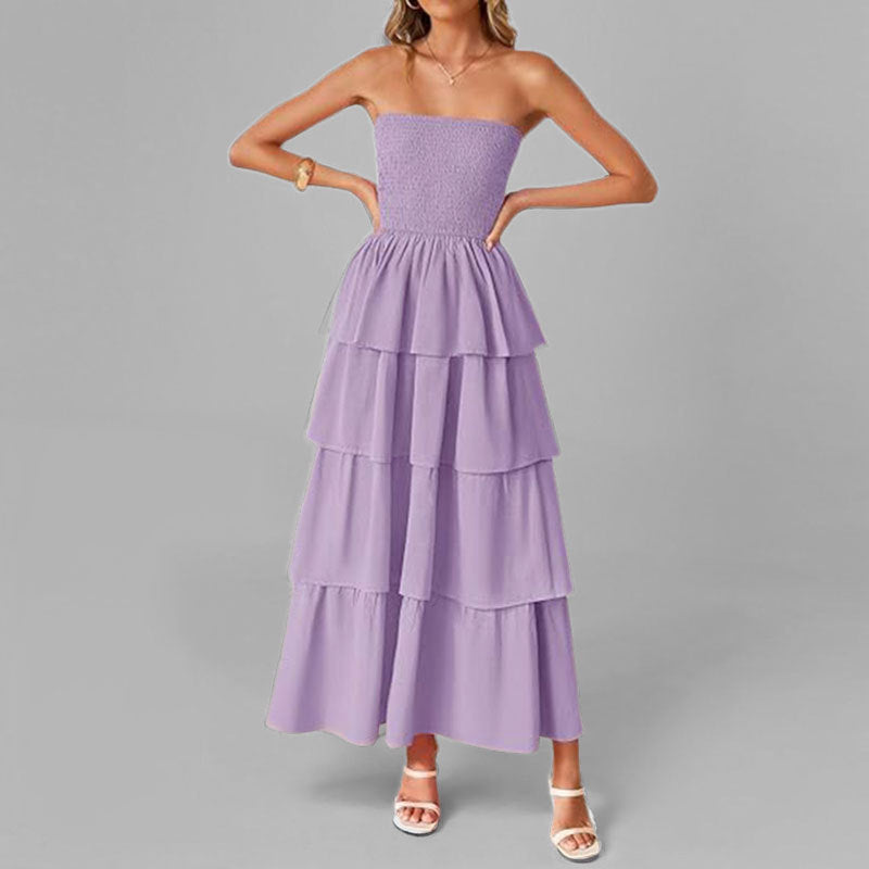 Damen Maxikleid mit schulterfreiem Design und voluminösen Rüschenschichten W&W Mode