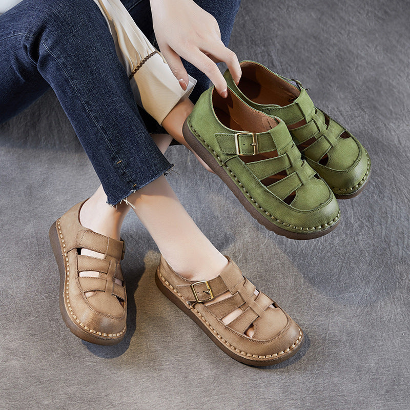 Damen Stilvoller Offener Zeh Leder Sandalen mit Verstellbarem Schnallen WW