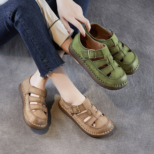 Damen Stilvoller Offener Zeh Leder Sandalen mit Verstellbarem Schnallen WW