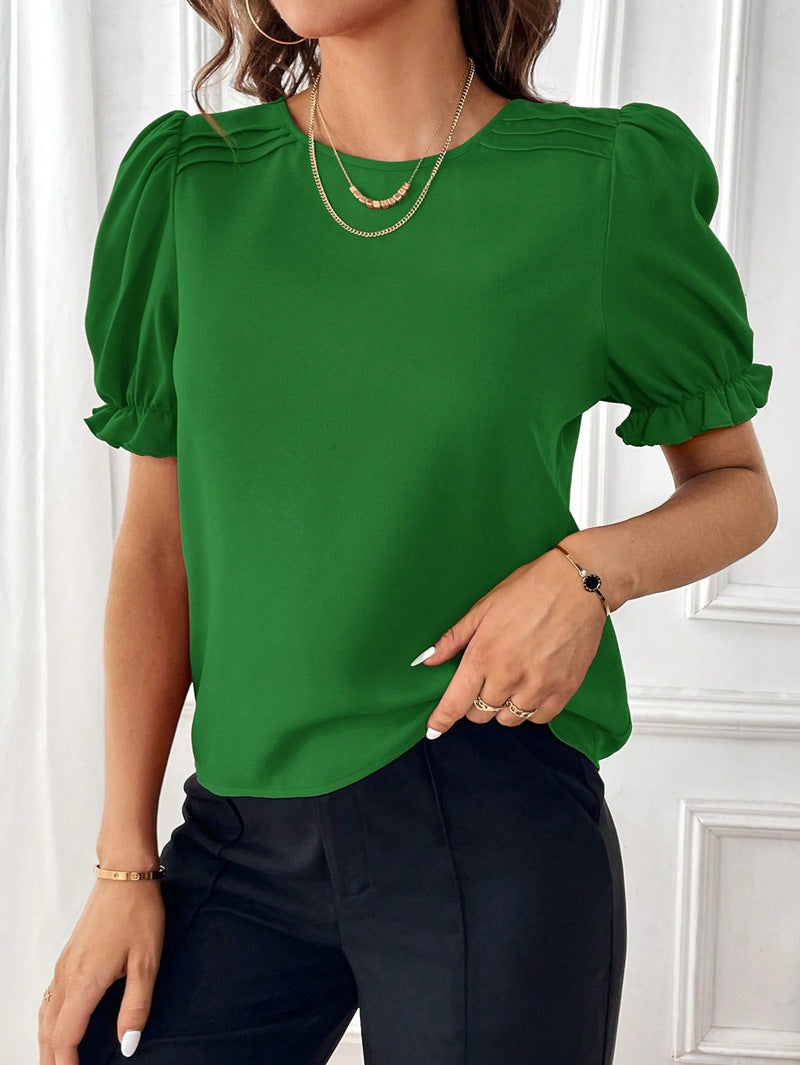 WW Pure-Color-Rundhals-Shirt-Top mit Temperament