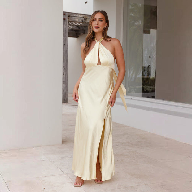 Damen Maxikleid mit elegantem Halterneck-Design und fließendem Satin-Finish WW