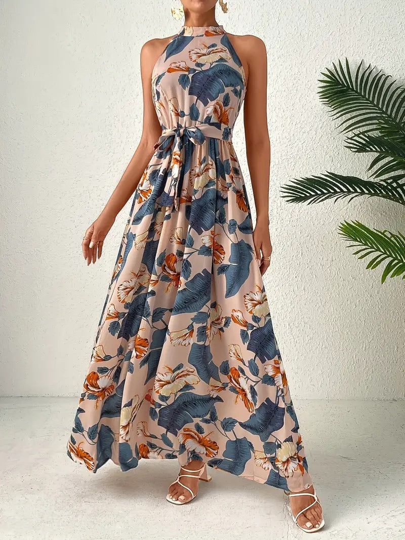 Damen Maxikleid im Boho-Stil mit hohem Kragen und Bindegürtel WW