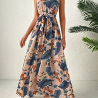 Damen Maxikleid im Boho-Stil mit hohem Kragen und Bindegürtel WW