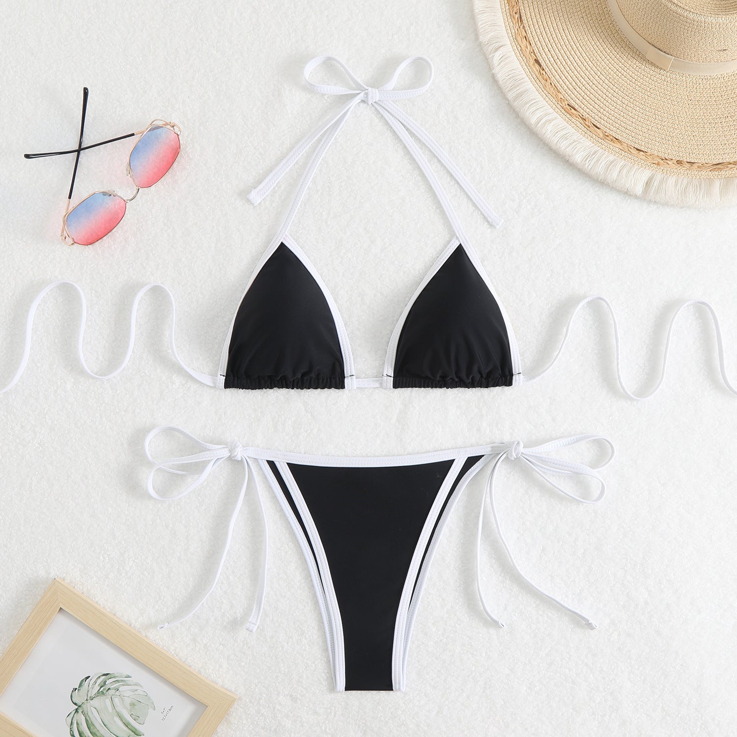 Damen Triangel-Bikini-Set mit verstellbaren Schleifen und kontrastierenden Akzenten WW