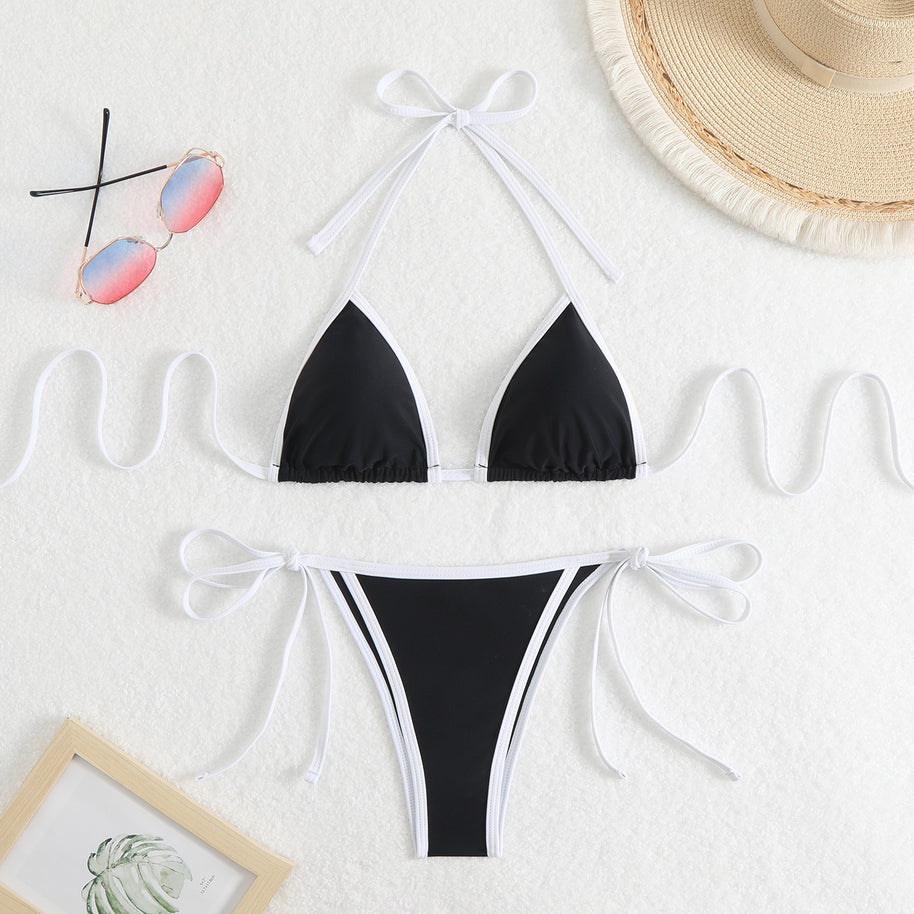 Damen Triangel-Bikini-Set mit verstellbaren Schleifen und kontrastierenden Akzenten WW