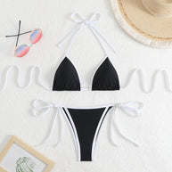 Damen Triangel-Bikini-Set mit verstellbaren Schleifen und kontrastierenden Akzenten WW