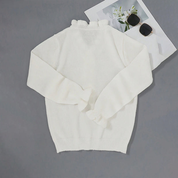 Damen Strickpullover mit Rüschendetails und perlenverzierten Knöpfen WW