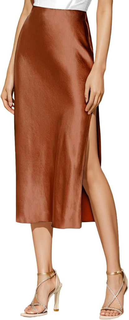 Damen Satin-Midirock mit hohem Schlitz WW