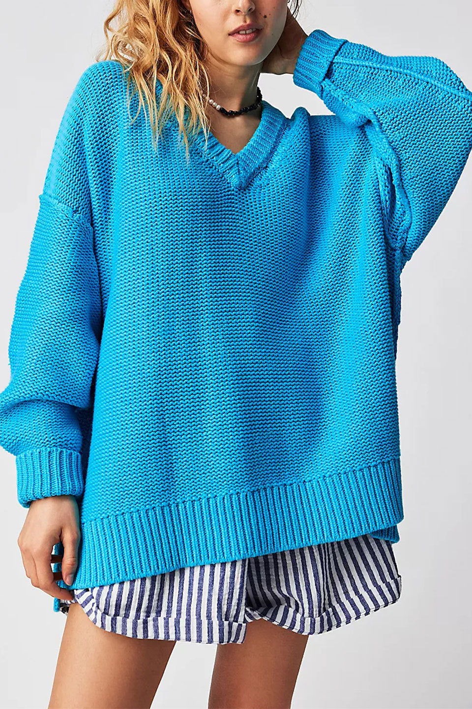 Damen V-Ausschnitt Oversized Pullover mit strukturiertem Strickmuster WW