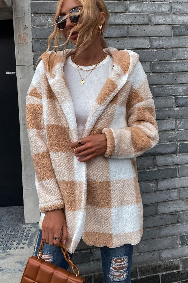 WW | Lamm Lockerer Kapuzen Plaid Strickjacke Jacke