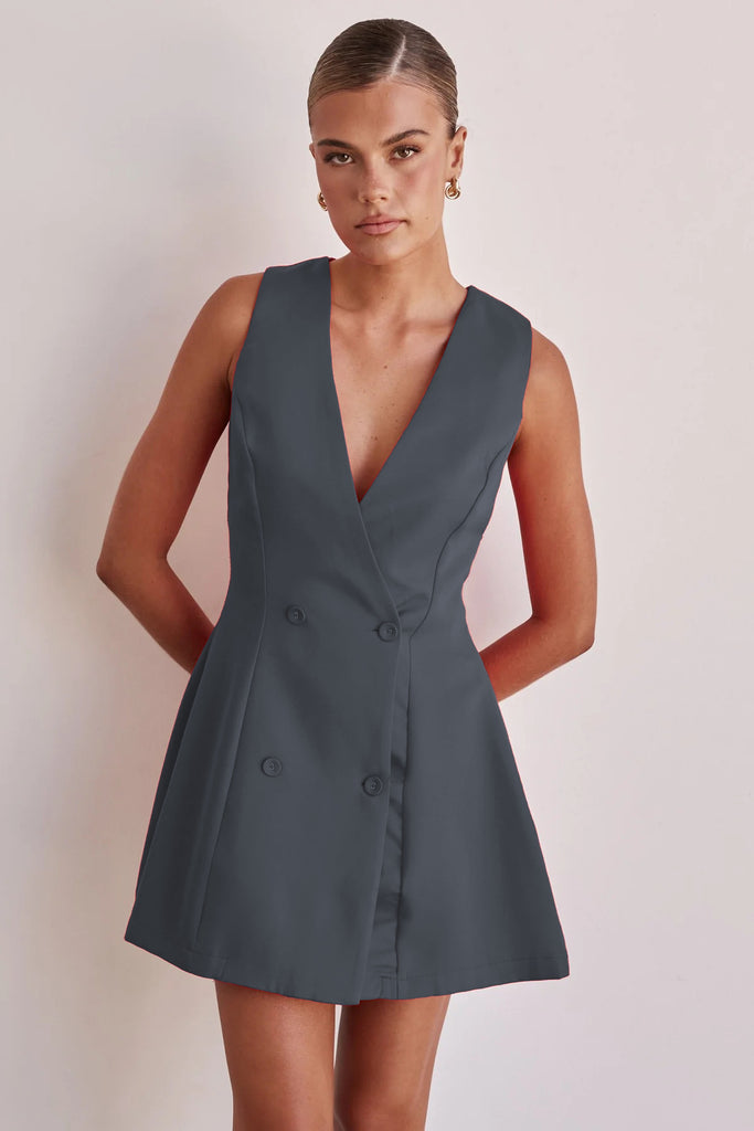 Damen Blusenkleid mit tiefem V-Ausschnitt und doppelter Knopfleiste WW
