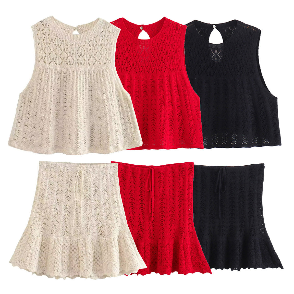 WWMODE | Mode Lässig Strickweste Hohlschliff Top Strick Kurzer Rock Set